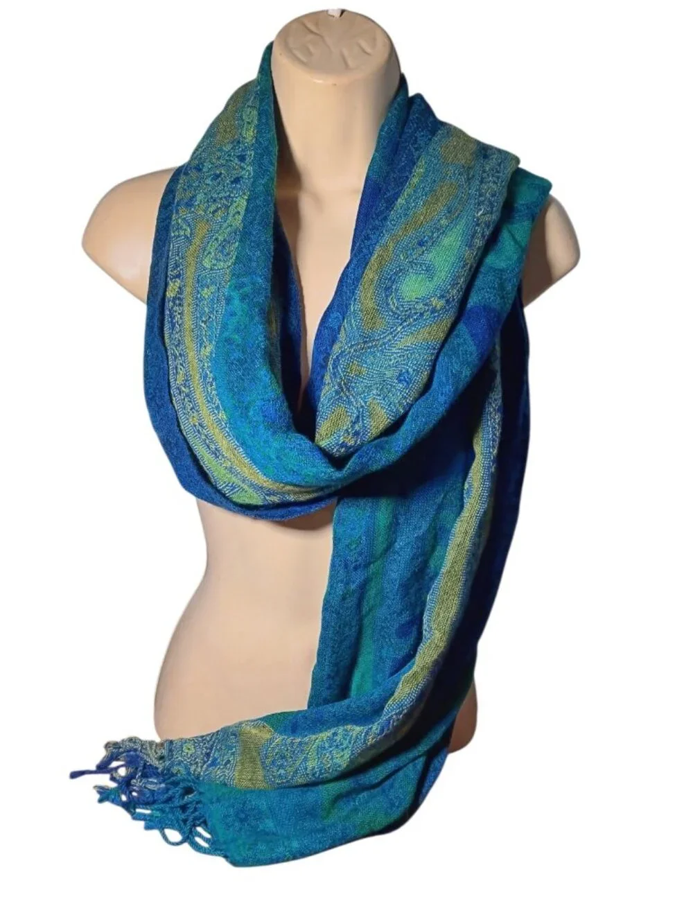 Womens Long Rectangular Fleur De Lis Tasseled Scarf Blue Green Yellow Scarf